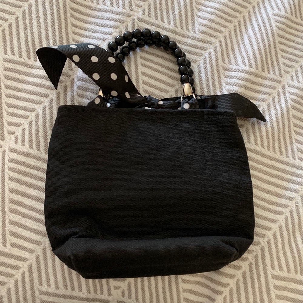 Small Black Evening Bag Beaded Handle Tie Closure